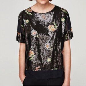 ZARA Black Sequined Floral Embroidered Top Size Medium